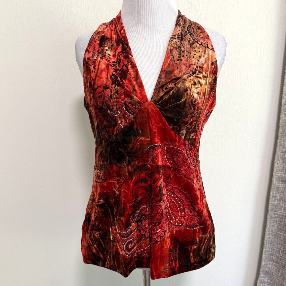Vintage Y2K Velvet Babydoll Halter Top M Orange Red Indie Fairy Grunge Hippie